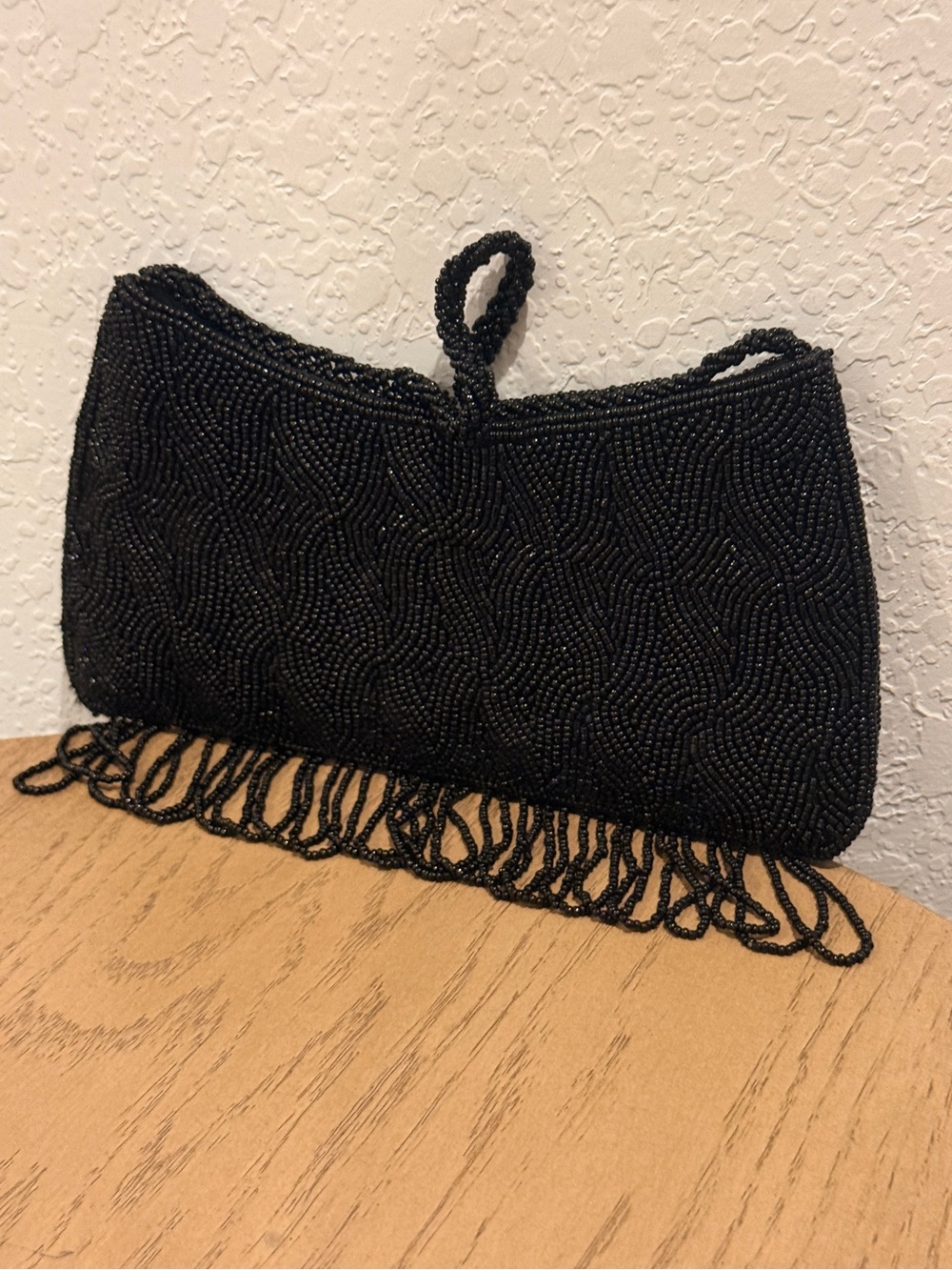 Black Beaded Fringe Wristlet Clutch